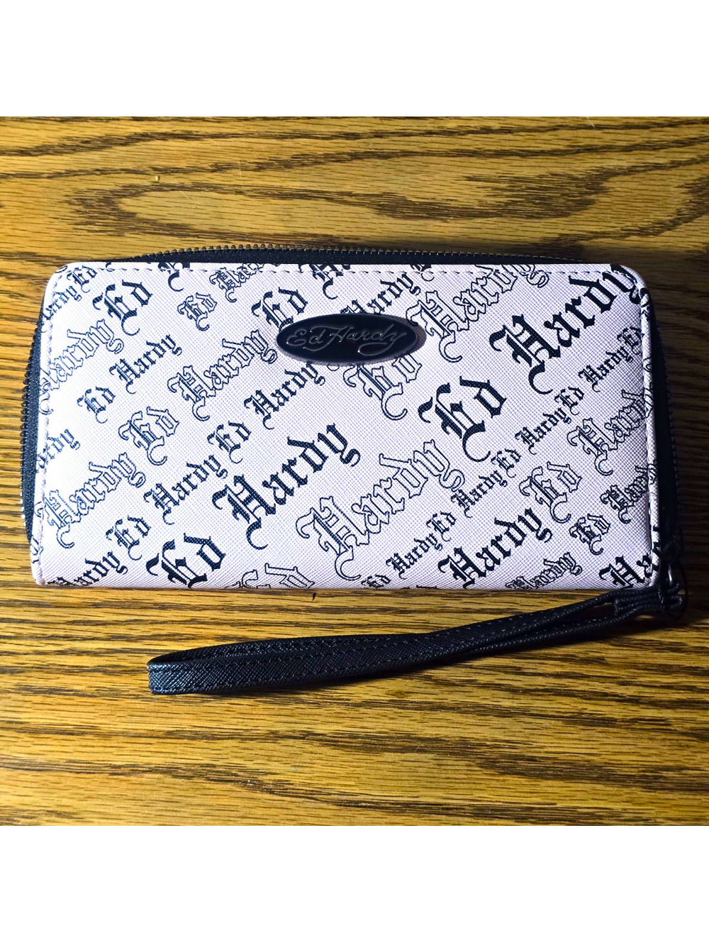 Ed Hardy Wallet Wristlet Black White Logo Print Zip Around Y2K Gothic